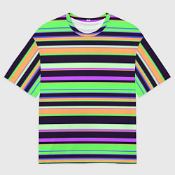 Мужская футболка оверсайз Зелёно-фиолетовый полосатый