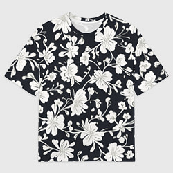 Мужская футболка оверсайз Патерн белых цветов на черном фоне