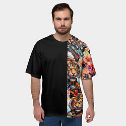 Футболка оверсайз мужская Тату ирезуми дракона тигр лис и самурай, цвет: 3D-принт — фото 2