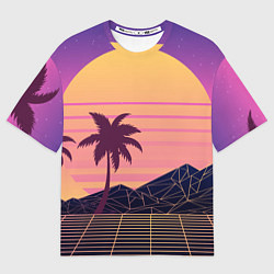 Футболка оверсайз мужская Vaporwave геометрические горы и силуэты пальм, цвет: 3D-принт