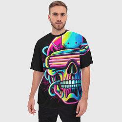 Футболка оверсайз мужская Cyber skull - ai art neon, цвет: 3D-принт — фото 2