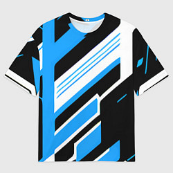 Мужская футболка оверсайз Бело-синие полосы на чёрном фоне