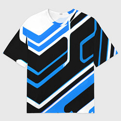 Мужская футболка оверсайз Бело-синие линии на чёрном фоне