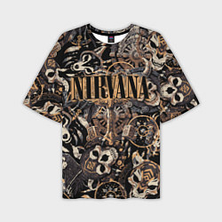 Мужская футболка оверсайз Nirvana на фоне масок викингов рун и воронов