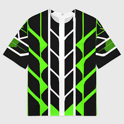 Мужская футболка оверсайз Бело-зелёные линии на чёрном фоне