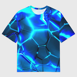 Мужская футболка оверсайз Неоновые холодные голубые плиты в разломе