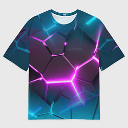 Мужская футболка оверсайз Голубые и розовые неоновые плиты в разломе