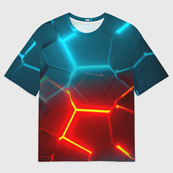 Мужская футболка оверсайз Голубые и красные неоновые плиты в разломе
