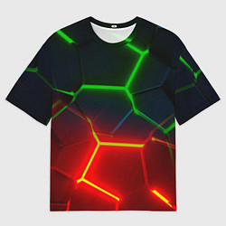 Мужская футболка оверсайз Зеленые и красные неоновые плиты в разломе