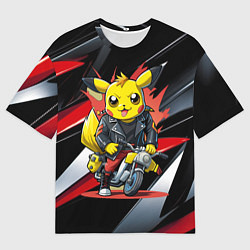 Мужская футболка оверсайз Пикачу байкер на мотоцикле