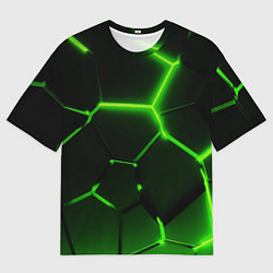 Мужская футболка оверсайз Темные зеленые неоновые плиты в разломе