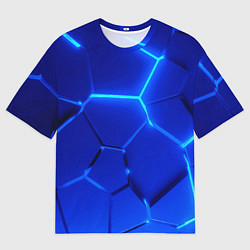 Мужская футболка оверсайз Яркие синие неоновые плиты в разломе