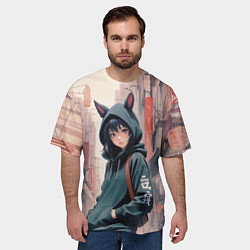 Футболка оверсайз мужская Девушка в худи с ушками, цвет: 3D-принт — фото 2