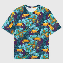 Футболка оверсайз мужская Узор цветы с туканом, цвет: 3D-принт