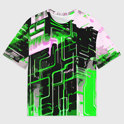 Мужская футболка оверсайз Хаотичная зелёно-белая абстракция