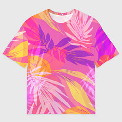 Мужская футболка оверсайз Летний фон с цветными листьями в акварельном стиле