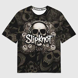 Футболка оверсайз мужская Slipknot на фоне черепа в очках и наушниках, цвет: 3D-принт