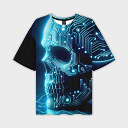 Футболка оверсайз мужская Cyber neon skull - ai art с дорожками на плате, цвет: 3D-принт