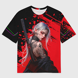 Мужская футболка оверсайз Татуированная девушка аниме с катаной