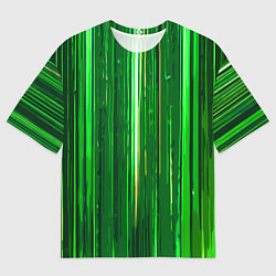 Мужская футболка оверсайз Вертикальные зелёные линии на чёрном фоне
