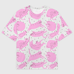 Мужская футболка оверсайз Пухлые спящие розовые котики на фоне в горошек