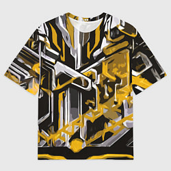 Мужская футболка оверсайз Жёлто-белая агрессивная абстракция на чёрном фоне