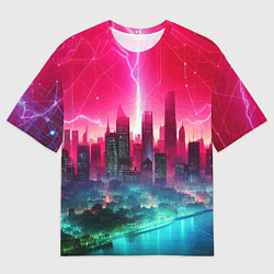 Мужская футболка оверсайз Неоновая гроза в мегаполисе - удар молнии