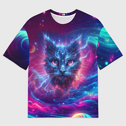 Футболка оверсайз мужская Морда космического кота - неоновое свечение, цвет: 3D-принт
