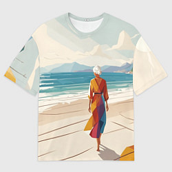 Футболка оверсайз мужская Летний пейзаж с женщиной на пляже, цвет: 3D-принт