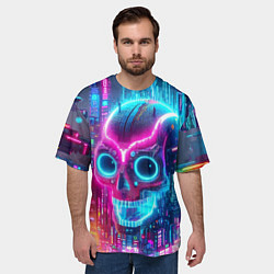 Футболка оверсайз мужская Neon skull in metropolis - future, цвет: 3D-принт — фото 2