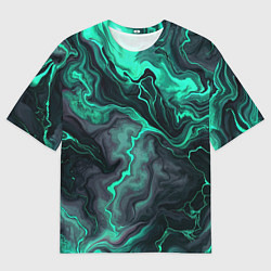 Мужская футболка оверсайз Бирюзовый мрамор на черном фоне