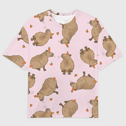 Футболка оверсайз мужская Паттерн с капибарами и мандаринками розовый, цвет: 3D-принт