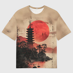 Футболка оверсайз мужская Башня на фоне алого заката - Япония, цвет: 3D-принт
