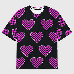 Мужская футболка оверсайз Эмо клетчатый паттерн - сердце черно розовое