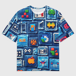 Мужская футболка оверсайз Пиксельные символы на пэчворк