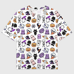 Мужская футболка оверсайз Кавайный хэллоуин - призраки и черепа на белом фон
