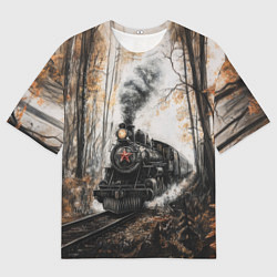 Футболка оверсайз мужская Паровоз со звездой в осеннем лесу, цвет: 3D-принт