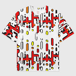 Мужская футболка оверсайз Красно-жёлтые линии и точки на белом фоне