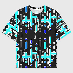 Мужская футболка оверсайз Синие линии и точки на чёрном фоне