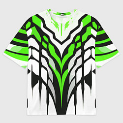 Мужская футболка оверсайз Агрессивные чёрно-зелёные полосы на белом фоне