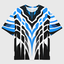 Мужская футболка оверсайз Агрессивные сине-белые полосы на чёрном фоне