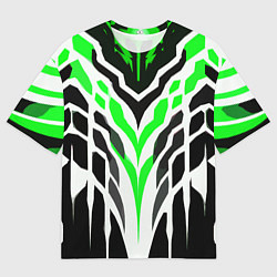 Мужская футболка оверсайз Агрессивные зелёно-белые полосы на чёрном фоне