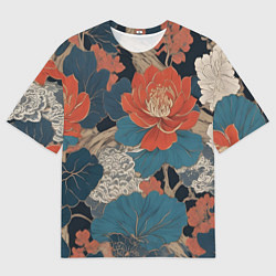 Мужская футболка оверсайз Цветы в стиле иредзуми