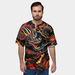 Футболка оверсайз мужская Огненные драконы в стиле тату ирезуми на черном, цвет: 3D-принт — фото 2