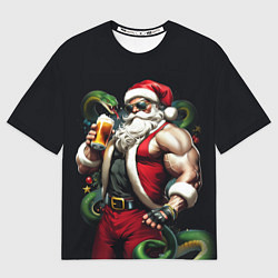 Футболка оверсайз мужская Дед Мороз с бокалом и зелёной змеёй, цвет: 3D-принт