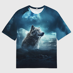 Мужская футболка оверсайз Волк ночью под луной