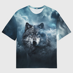 Мужская футболка оверсайз Волк ночью под луной