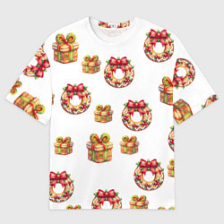 Футболка оверсайз мужская Много новогодних пончиков и подарков с бантиком и, цвет: 3D-принт