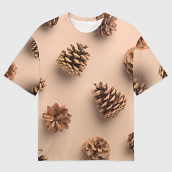 Мужская футболка оверсайз Еловые шишки на бежевом фоне