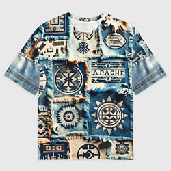 Мужская футболка оверсайз Символы Апачи на пэчворк дениме